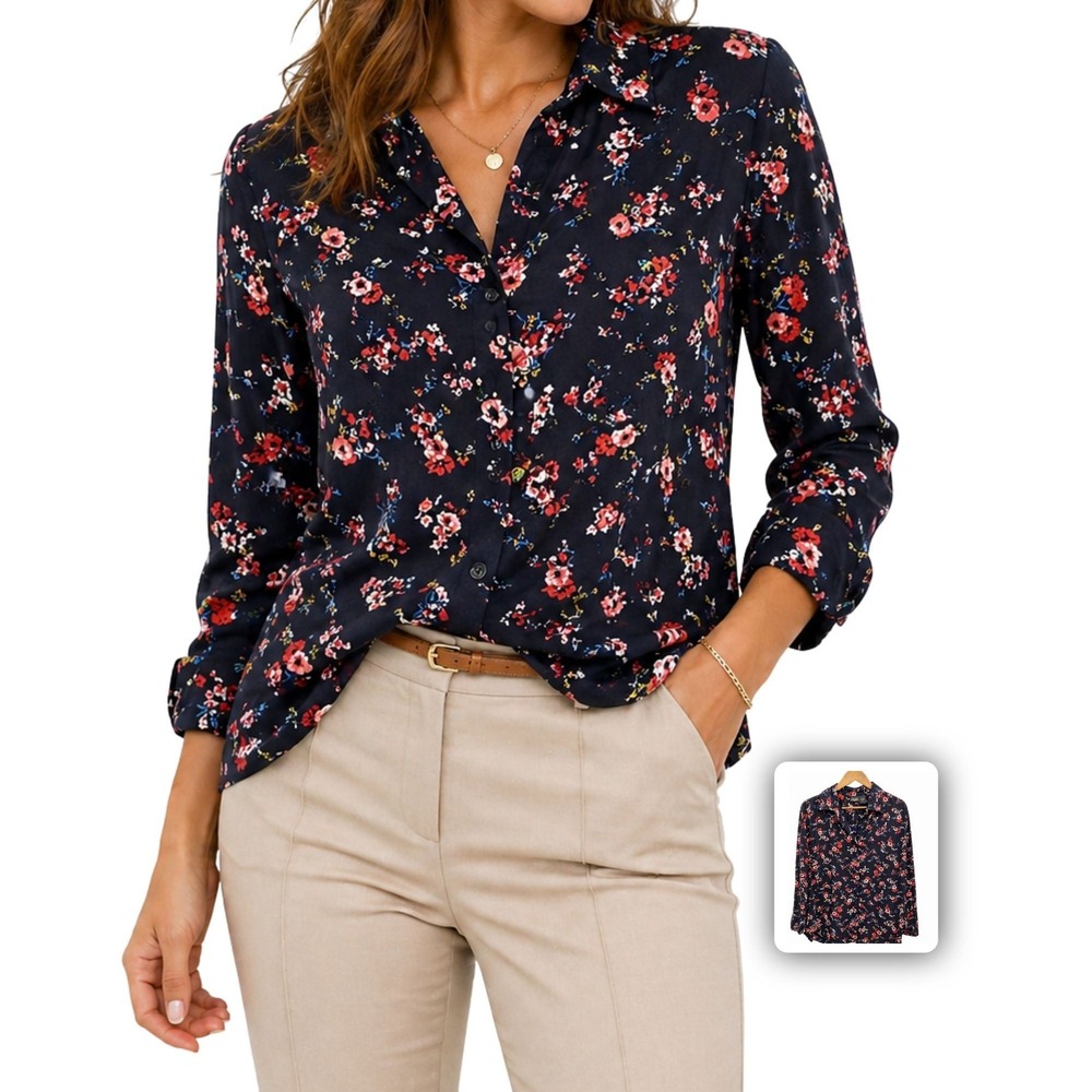 Sara Studio Floral Blouse Navy Button Front Lightweight Chic Work Top 1X‎